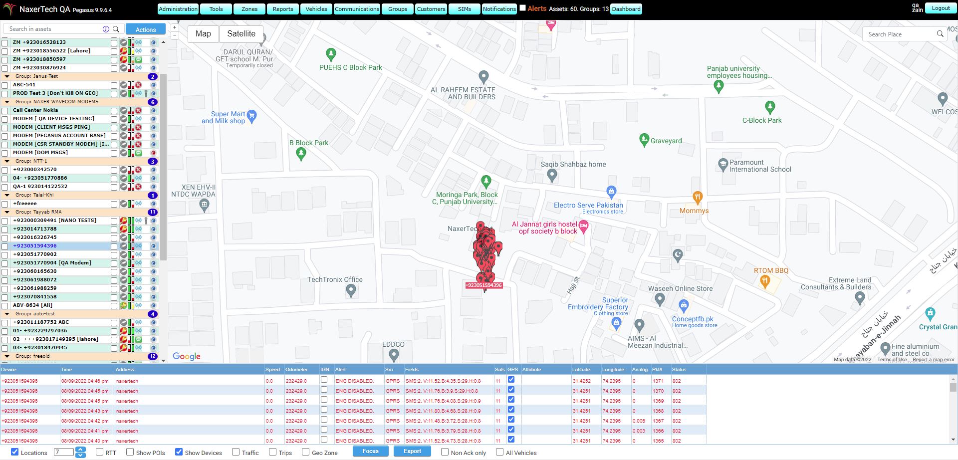 The Pegasus web console showing the live map, device list and event grid
