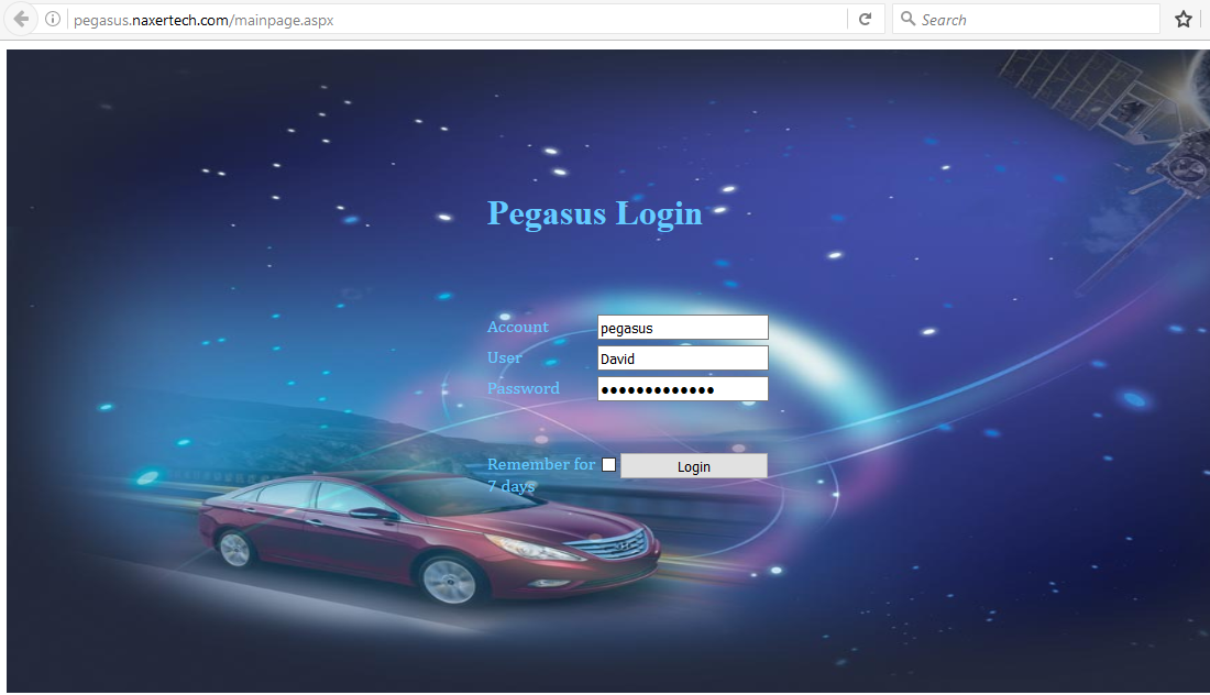 Pegasus login screen
