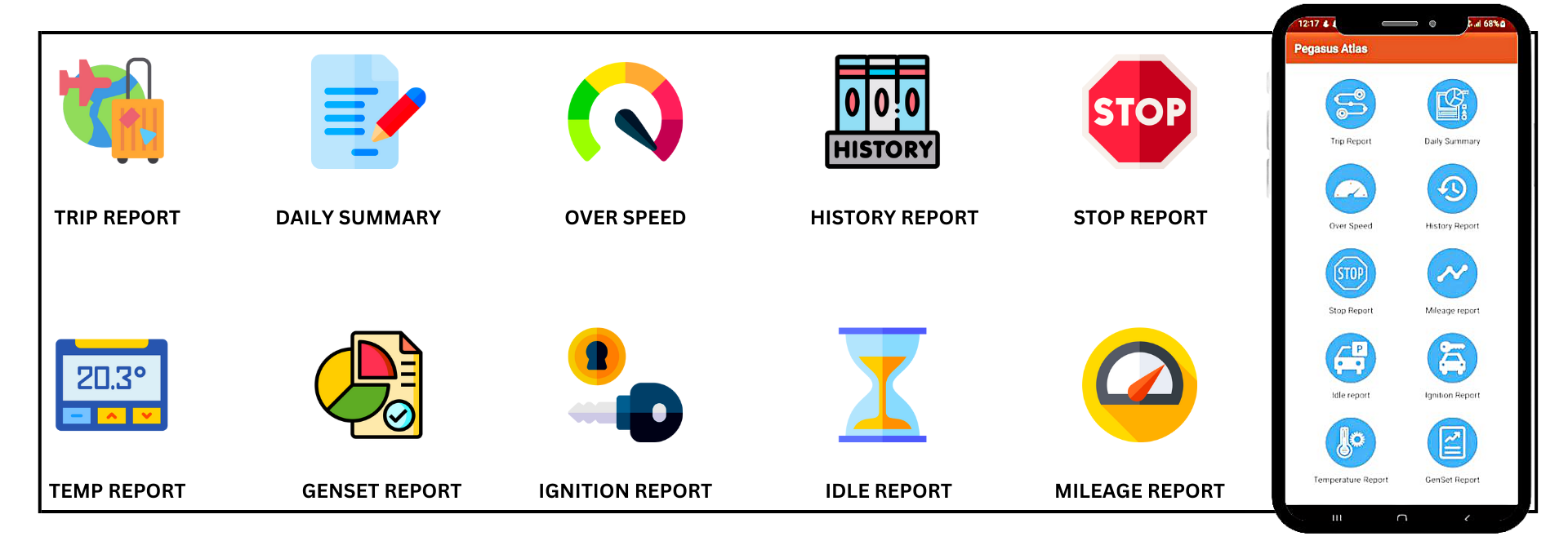 The Pegasus report library showing dozens of available report types